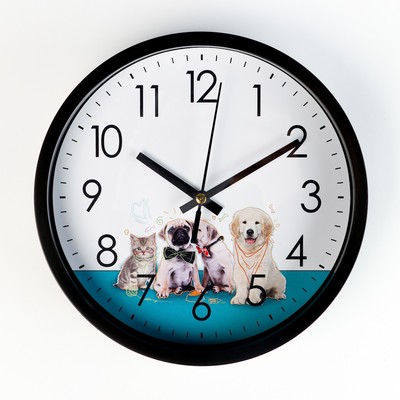 Часы настенные "Котенок и щенята", d-20 см, плавный ход
