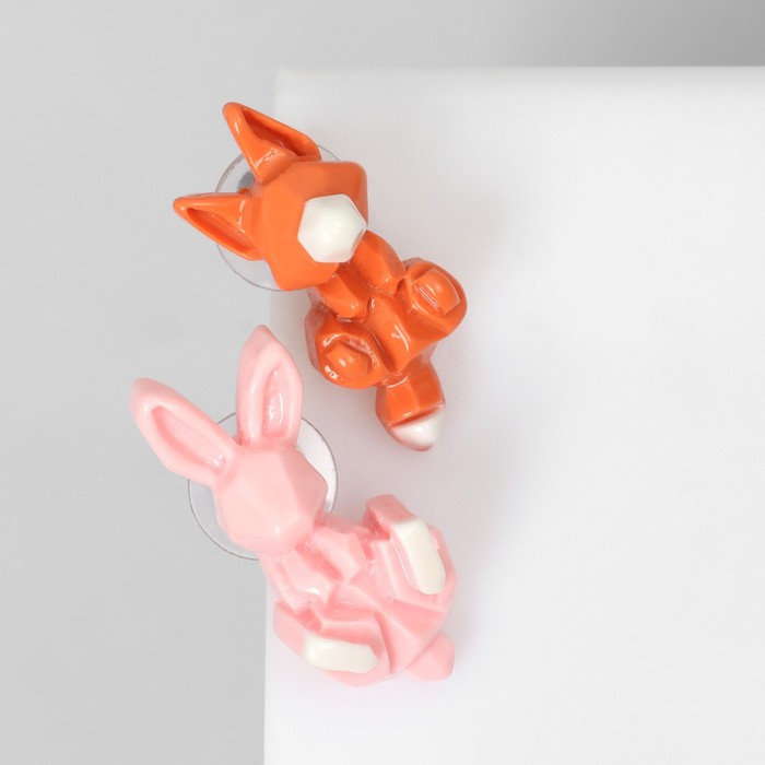 Серьги пластик "Абстракция" заяц и лиса, цвет розово-оранжевый