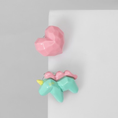 Серьги пластик «Абстракция» единорог и сердце, цветные