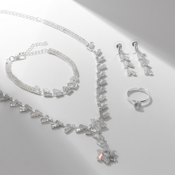 Набор 4 предмета: серьги, колье, браслет, кольцо «Узор» тонкий, цвет белый в серебре - Фото 1