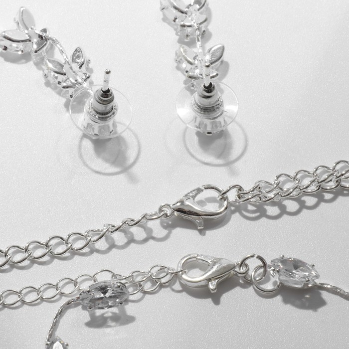 Набор 4 предмета: серьги, колье, браслет, кольцо "Изыск" трилистник, цвет белый в серебре