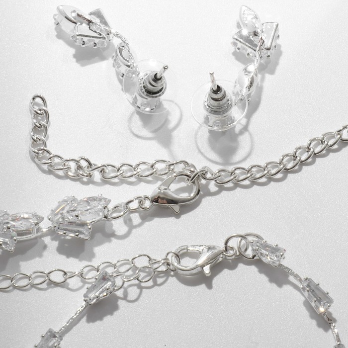 Набор 4 предмета: серьги, колье, браслет, кольцо "Изыск" цветок, цвет белый в серебре