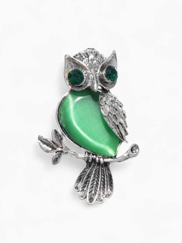 Брошь «Сова», зелёная в чернёном серебре - Фото 1