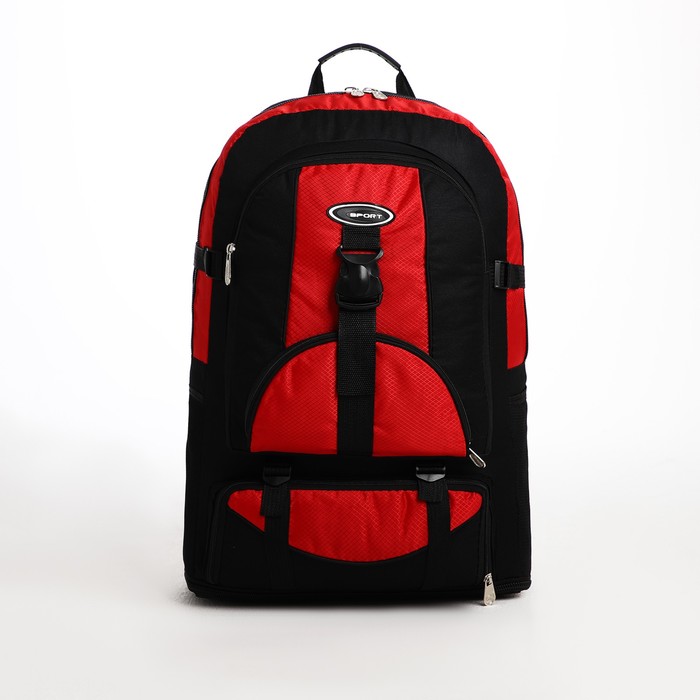Рюкзак туристический на молнии, 5 наружных карманов, цвет чёрный/красный - Фото 1