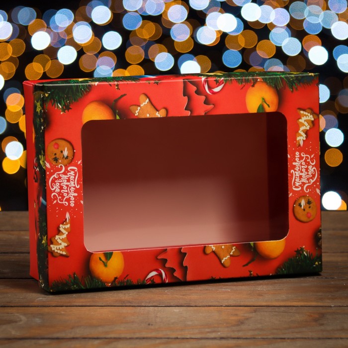 Коробка складная, крышка-дно, с окном "Счастливого Нового Года" 24 х 17 х 8 см