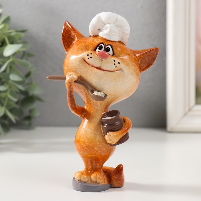 Фигурка полистоун лак «Котик-повар с кашей в горшочке», 8.2×7×14.3 см - Фото 1
