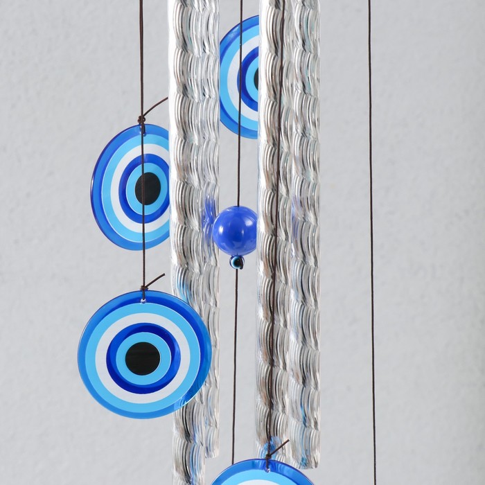 Музыка ветра металл, пластик, дерево "Глазки" от сглаза 4 трубочки h= 47 см, синий