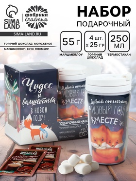 Подарочный набор «Чудес и волшебства»: горячий шоколад 100 г (4 шт. х 25 г)., маршмеллоу 50 г., термостакан 250 мл.