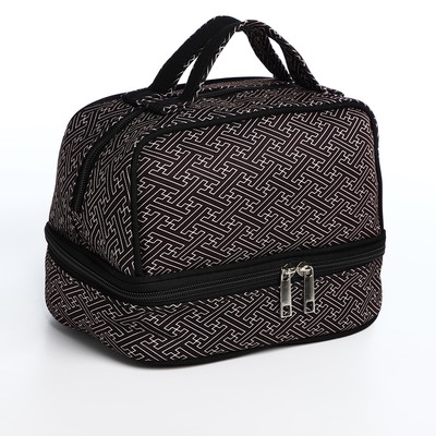 Косметичка-сундучок на молнии, с двумя отделами, с ручками, с паттерном, чёрная