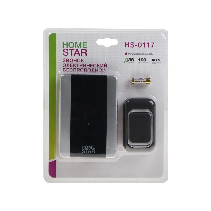 Звонок HomeStar HS-0117, беспроводной, 8,6 МВт, 38 мелодий, 80-90дБ, r=100м, чёрный
