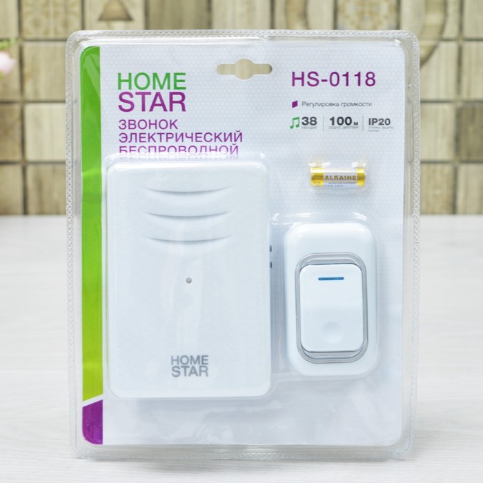 Звонок HomeStar HS-0118, беспроводной, 8,6 МВт, 38 мелодий, 80-90дБ, r=100м, белый