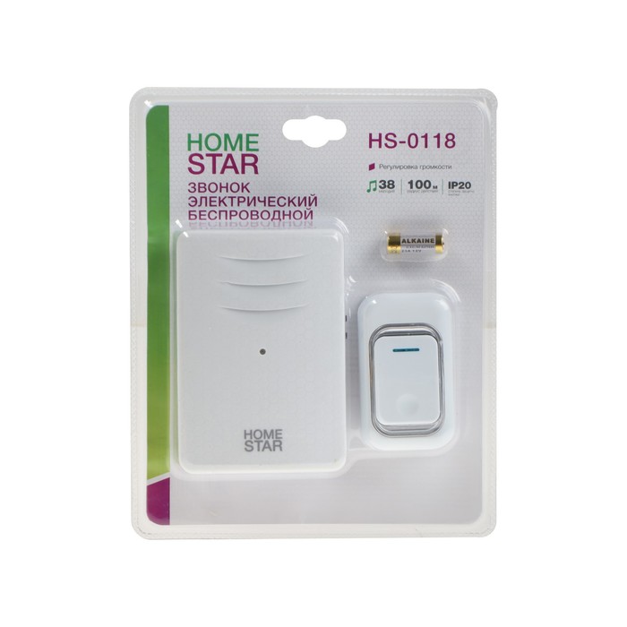 Звонок HomeStar HS-0118, беспроводной, 8,6 МВт, 38 мелодий, 80-90дБ, r=100м, белый
