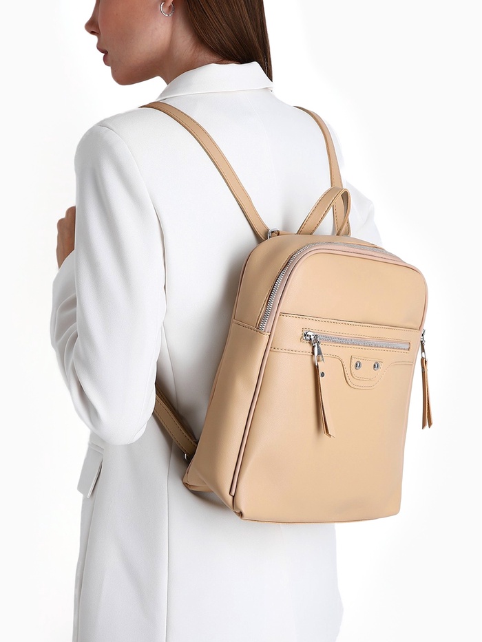 Рюкзак женский на молнии, с карманами, размер 27×10×31 см, бежевый - Фото 1