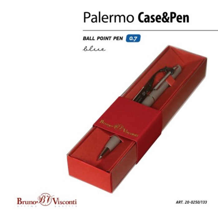 Ручка шариковая поворотная, 0.7 мм, BrunoVisconti PALERMO, стержень синий, металлический корпус Soft Touch серый, в красном футляре