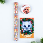 Подарочный новогодний набор: блокнот, карандаши ч/г 2 шт и значок «Котик» - Фото 2