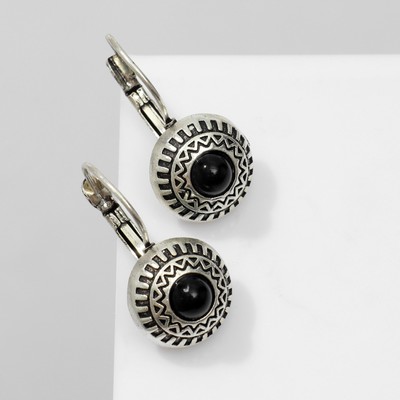 Серьги под натуральный камень «Этника» круг в узорах, цвет чёрный в чернёном серебре