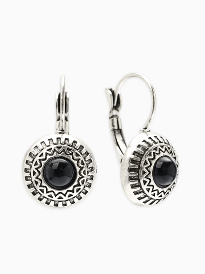 Серьги под натуральный камень «Этника» круг в узорах, цвет чёрный в чернёном серебре