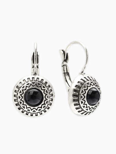 Серьги под натуральный камень «Этника», круг в узорах, чёрные в чернёном серебре