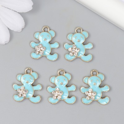 Декор для творчества металл, эмаль, стразы «Мишка с цветочком», голубой, золото, 0.5×1.7×2 см