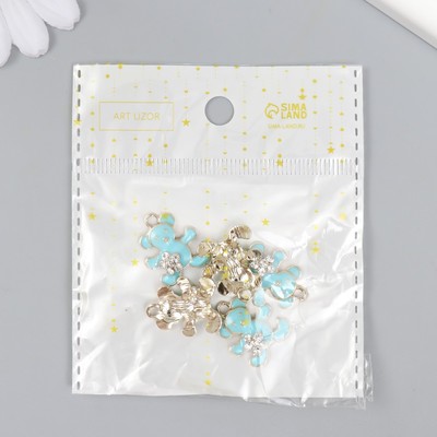 Декор для творчества металл, эмаль, стразы «Мишка с цветочком», голубой, золото, 0.5×1.7×2 см