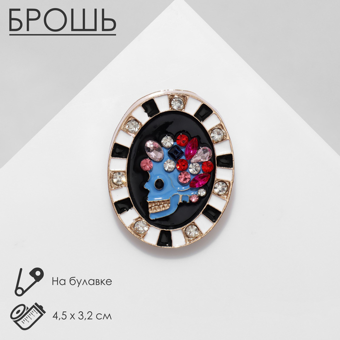 Брошь «Камея» череп, цветная в золоте - Фото 1