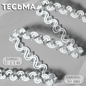 Тесьма декоративная, 10 мм, 10 ± 1 м, цвет белый/серебряный 9679432