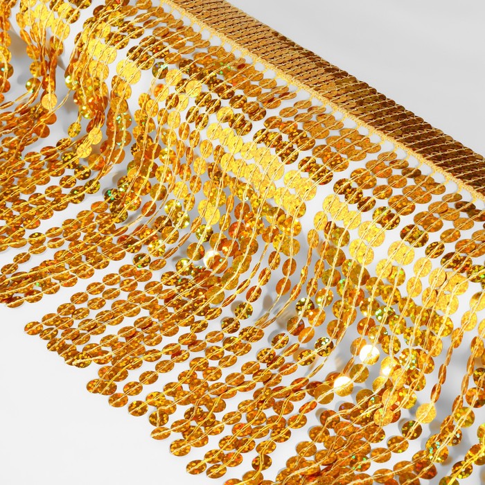 Тесьма с пайетками «Бахрома», с голографией, d = 6 мм, 17 см, 4,5 ± 0,5 м, цвет золотой