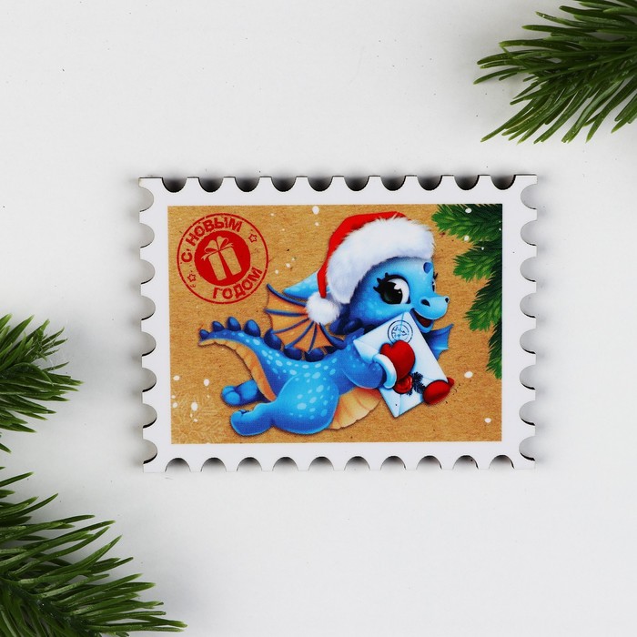 Магнит деревянный «Почтовая марка дракон», 8 х 6 см - Фото 1
