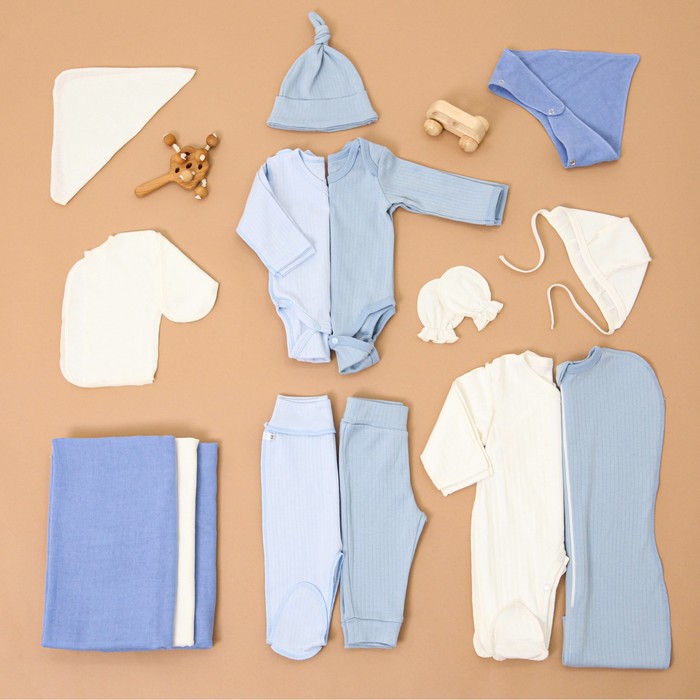 Набор для новорожденных 15 предметов, цвет джинс/голубой/молочный, рост 56-62 см - Фото 1