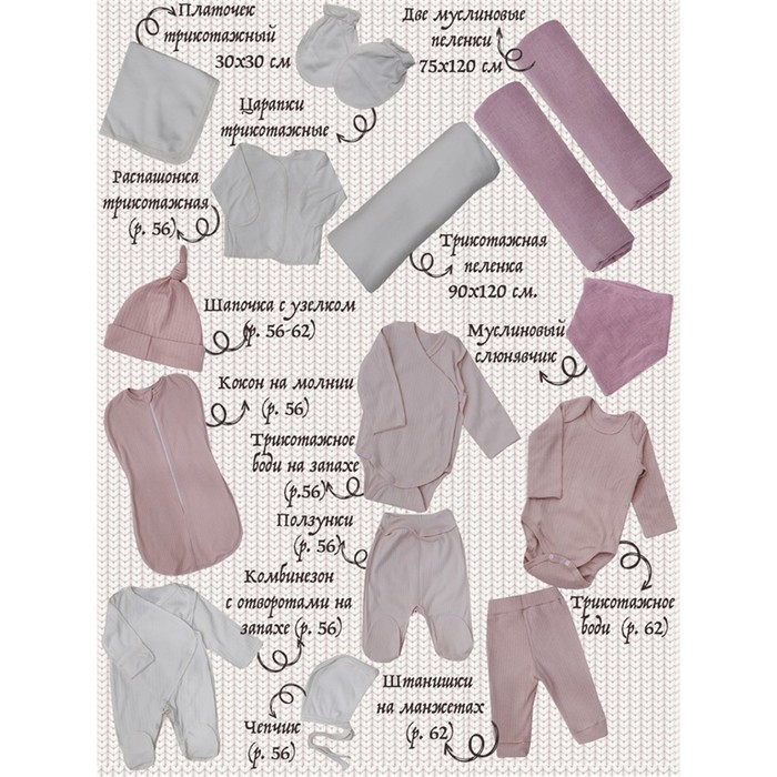 Набор для новорожденных 15 предметов, цвет пыльная роза/розовый/молочный, рост 56-62 см