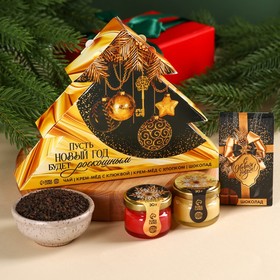 Подарочный набор «Пусть Новый год будет роскошным» в коробке-ёлке: чай чёрный с бергамотом, крем-мёд с клюквой и хлопком 60 г (2 шт. х 30 г)., молочный шоколад 27 г.