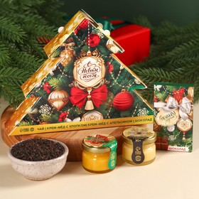 Подарочный набор «С Новым годом» в коробке-ёлке: чай зелёный с апельсином, крем-мёд с хлопком и апельсином 60 г (2 шт. х 30 г)., молочный шоколад 27 г.