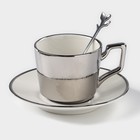 Кофейная пара керамическая «Серебро», 3 предмета: чашка 200 мл, блюдце d=14 см, ложка h=12,5 см, цвет серебряный - фото 1093784