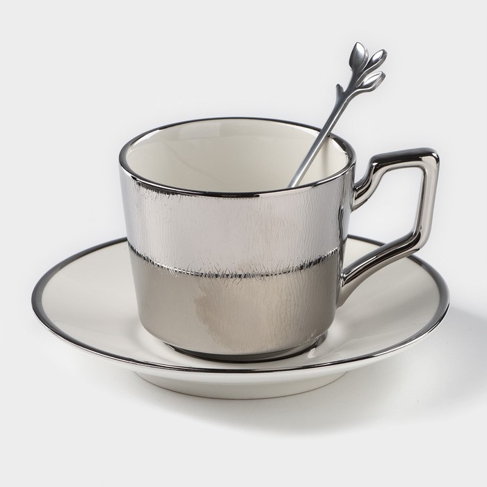 Кофейная пара керамическая «Серебро», 3 предмета: чашка 200 мл, блюдце d=14 см, ложка h=12,5 см, цвет серебряный - Фото 1