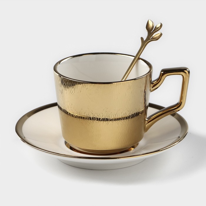 Кофейная пара керамическая «Золото», 3 предмета: чашка 200 мл, блюдце d=14 см, ложка h=12,5 см, цвет золотой - Фото 1
