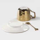 Кофейная пара керамическая «Золото», 3 предмета: чашка 200 мл, блюдце d=14 см, ложка h=12,5 см, цвет золотой - Фото 5