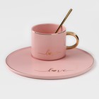 Кофейная пара керамическая «Любовь», 3 предмета: кружка 200 мл, блюдце d=20 см, ложка h=14 см, цвет розовый - фото 3378544