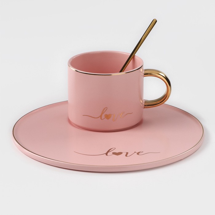 Кофейная пара керамическая «Любовь», 3 предмета: кружка 200 мл, блюдце d=20 см, ложка h=14 см, цвет розовый - Фото 1
