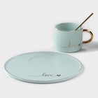 Кофейная пара керамическая «Любовь», 3 предмета: кружка 200 мл, блюдце d=20 см, ложка h=14 см, цвет голубой - Фото 2
