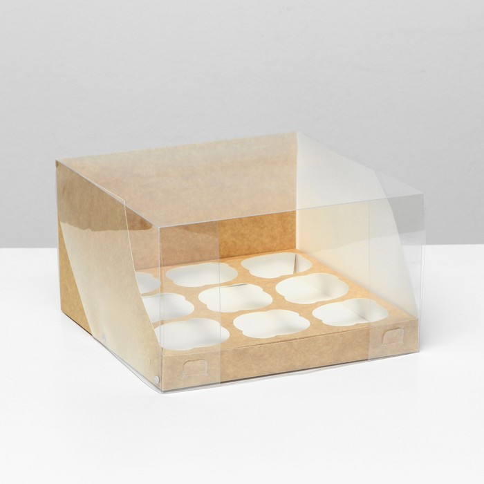 Кондитерская складная коробка для 9 капкейков крафт 23,5 x 23 x 14 - Фото 1