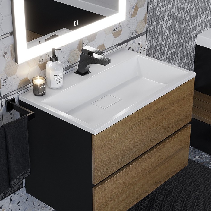 Тумба под раковину Uperwood Barsa, 70 см, подвесная, чёрная, дуб сонома - Фото 1