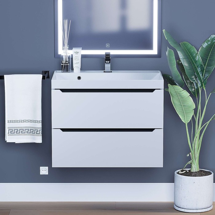 Тумба с раковиной Uperwood Tanos 70 см, подвесная, белая, графит - Фото 1