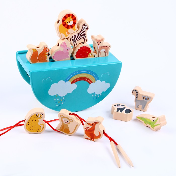 Детская деревянная игрушка 2 в1 балансир + шнуровка «Зверята» 18 × 9,5 × 10 см - Фото 1