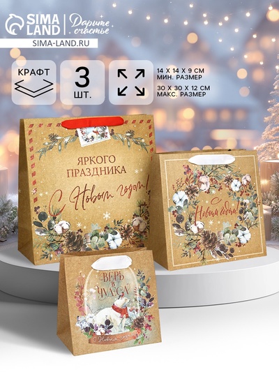 Набор пакетов подарочных новогодних «Верь в чудеса», 3 шт., 14×14×9 см, 22×22×11 см, 30×30×12 см