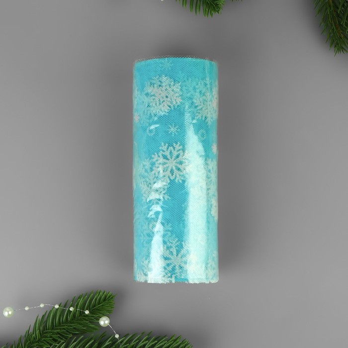 Фатин со снежинками, 15 см, 11 ± 1 г/кв.м, 9,1 ± 0,5 м, цвет голубой №20