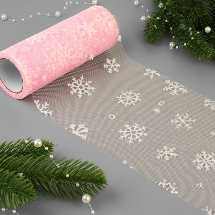 Фатин со снежинками, 15 см, 11 ± 1 г/кв.м, 9,1 ± 0,5 м, цвет розовый №45 - Фото 1