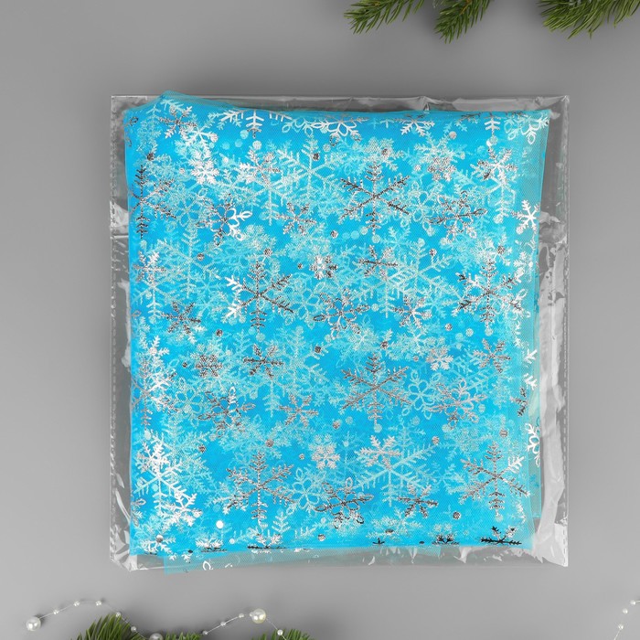 Фатин со снежинками, с тиснением, 155 см, 11 ± 1 г/кв.м, 0,91 ± 0,1 м, цвет голубой/серебряный