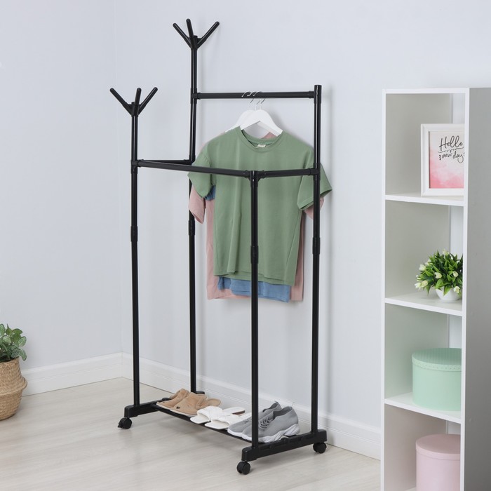 Вешалка - стойка напольная для одежды LaDо́m, с полкой для обуви, двойная, 80×42×156 см, чёрная - Фото 1