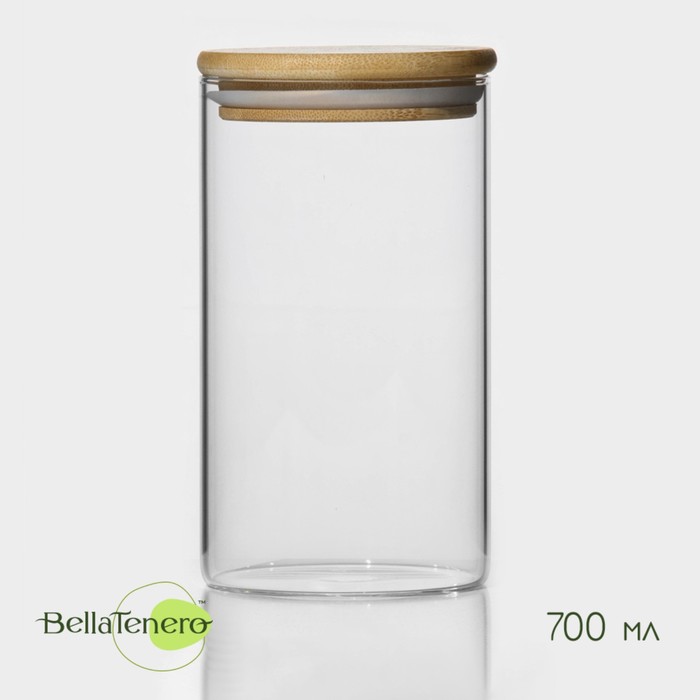 Банка стеклянная для сыпучих продуктов с бамбуковой крышкой BellaTenero «Эко», 700 мл, 8,5×15,5 см - Фото 1