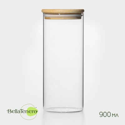 Банка стеклянная для сыпучих продуктов с бамбуковой крышкой BellaTenero «Эко», 900 мл, 8,5×20,5 см